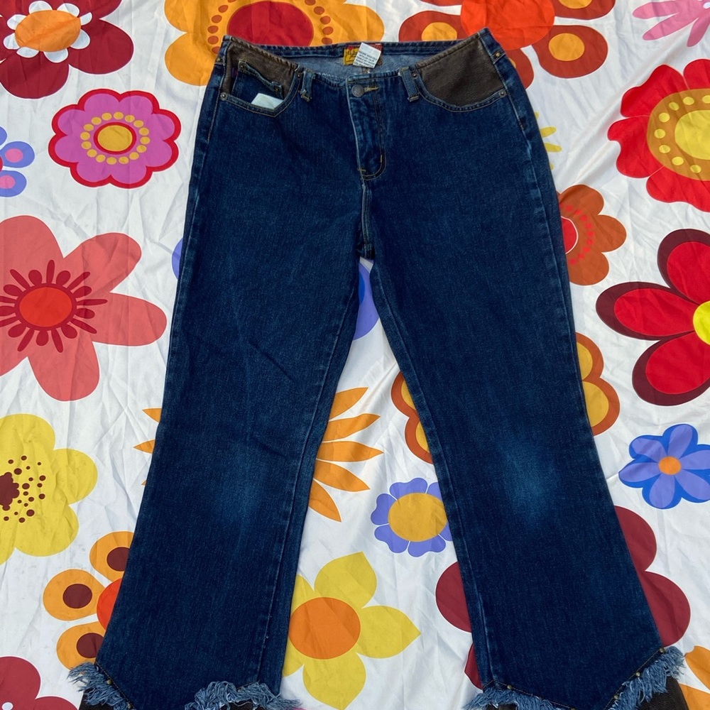 Flare jeans with leather detailing